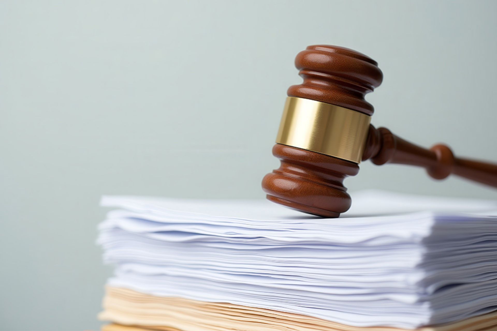 Richterhammer liegt auf Stapel Dokumente