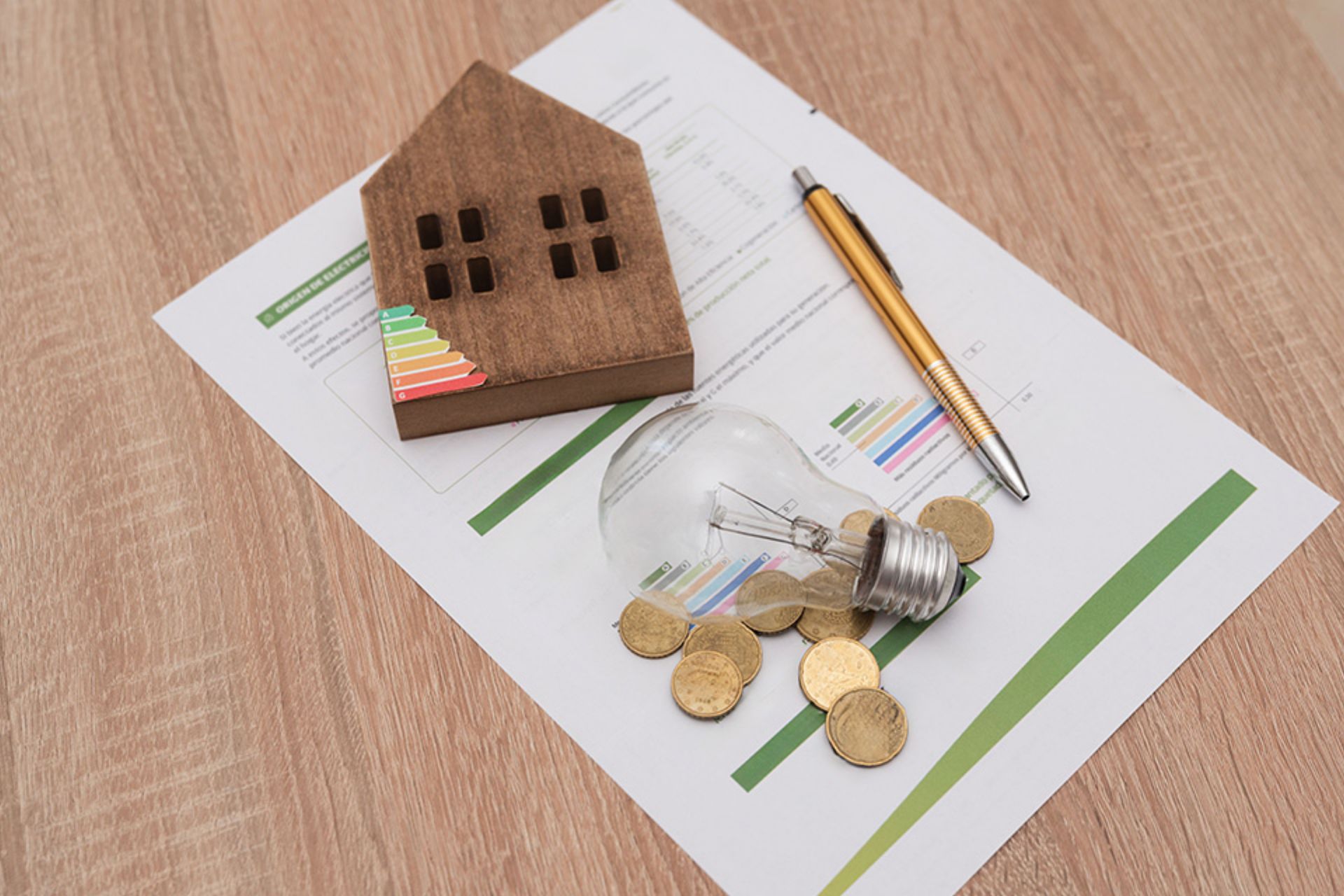 Glühbirne, Energieskala auf Haus, Münzen